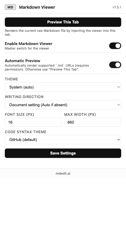 Markdown Viewer & Reader settings popup