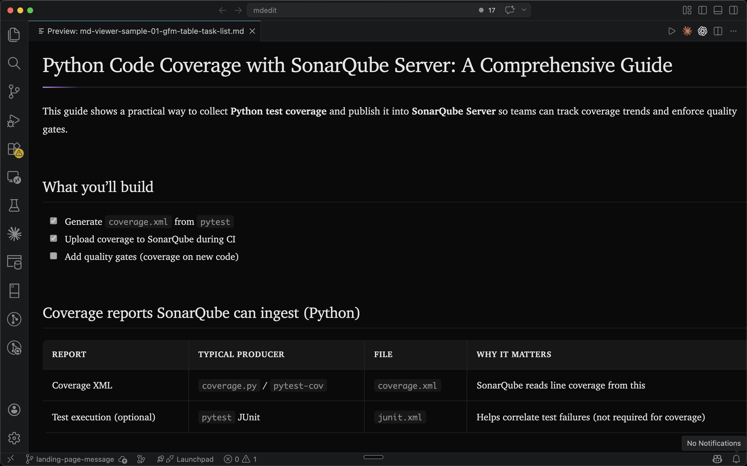 VS Code preview with rich tables