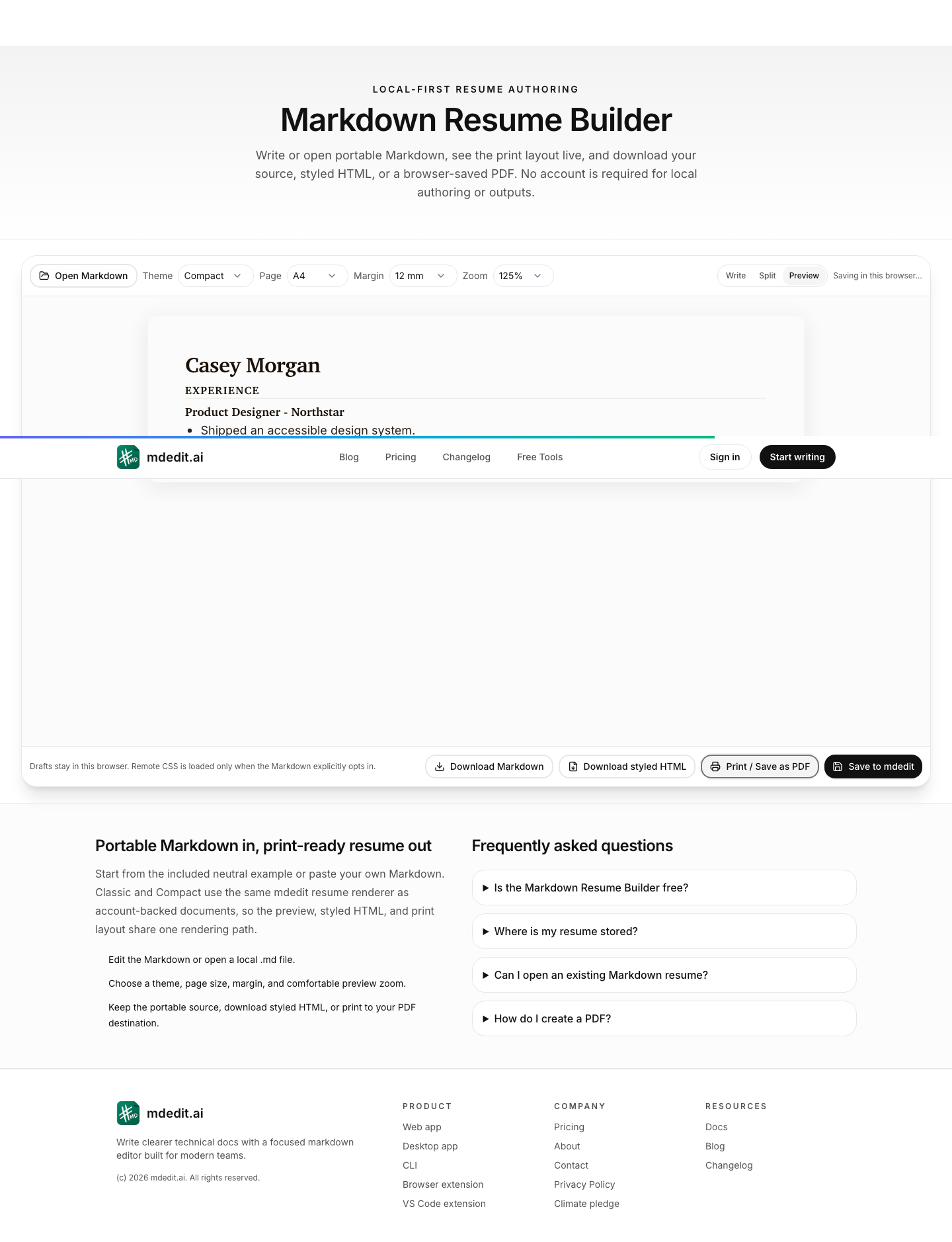 Desktop Markdown Resume Builder with Compact and A4 settings