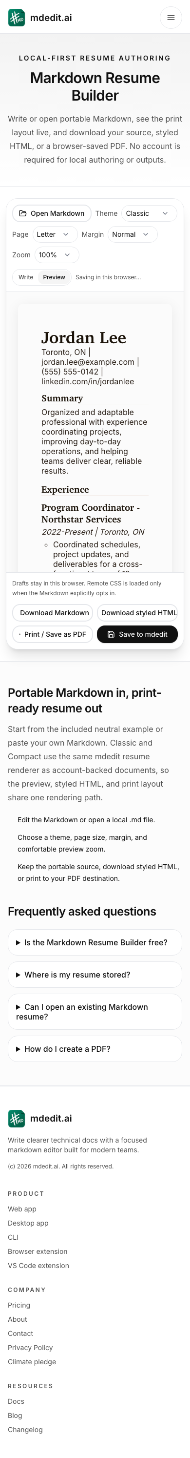 Mobile Markdown Resume Builder showing the resume preview and output controls