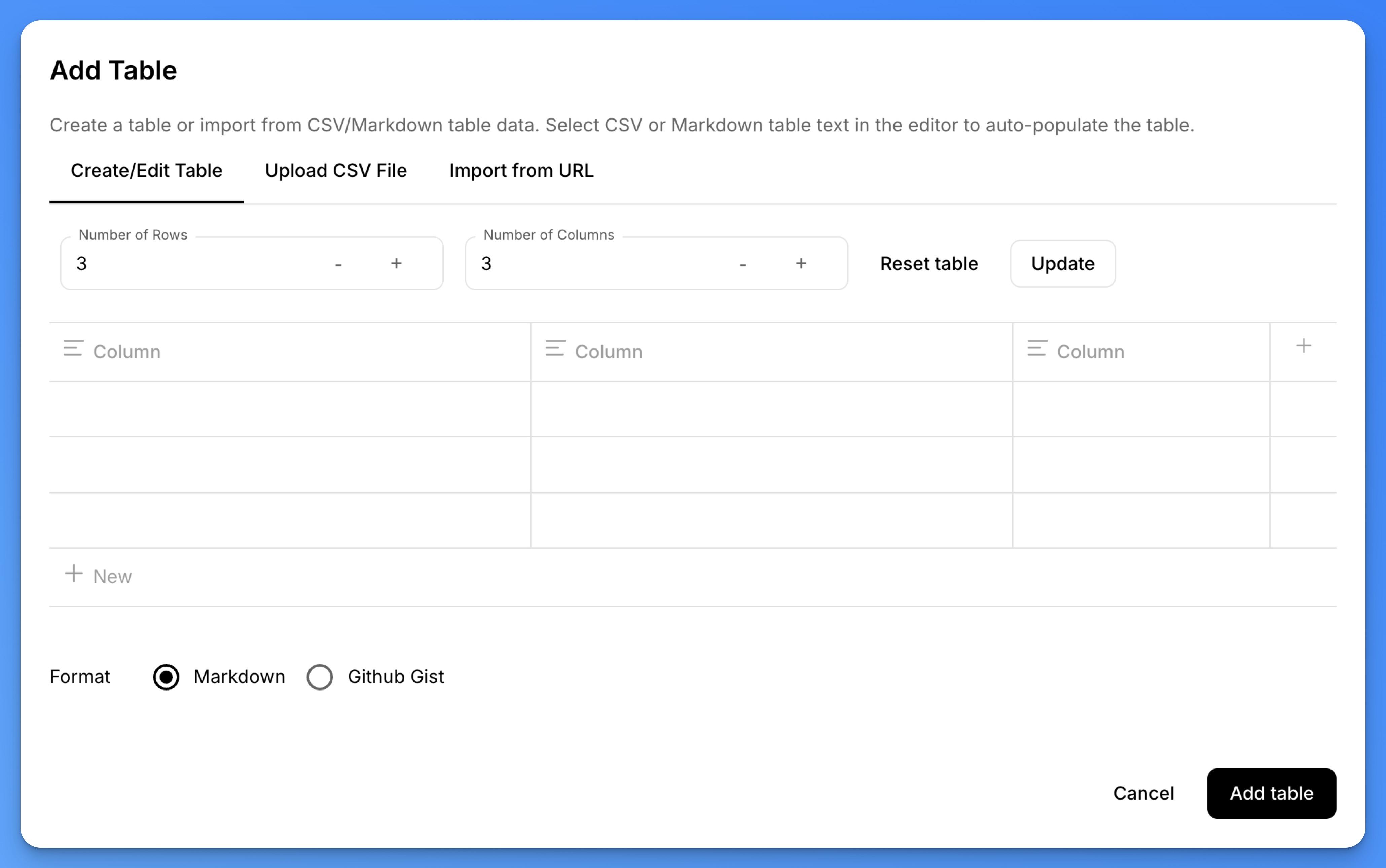 Visual table editor in action