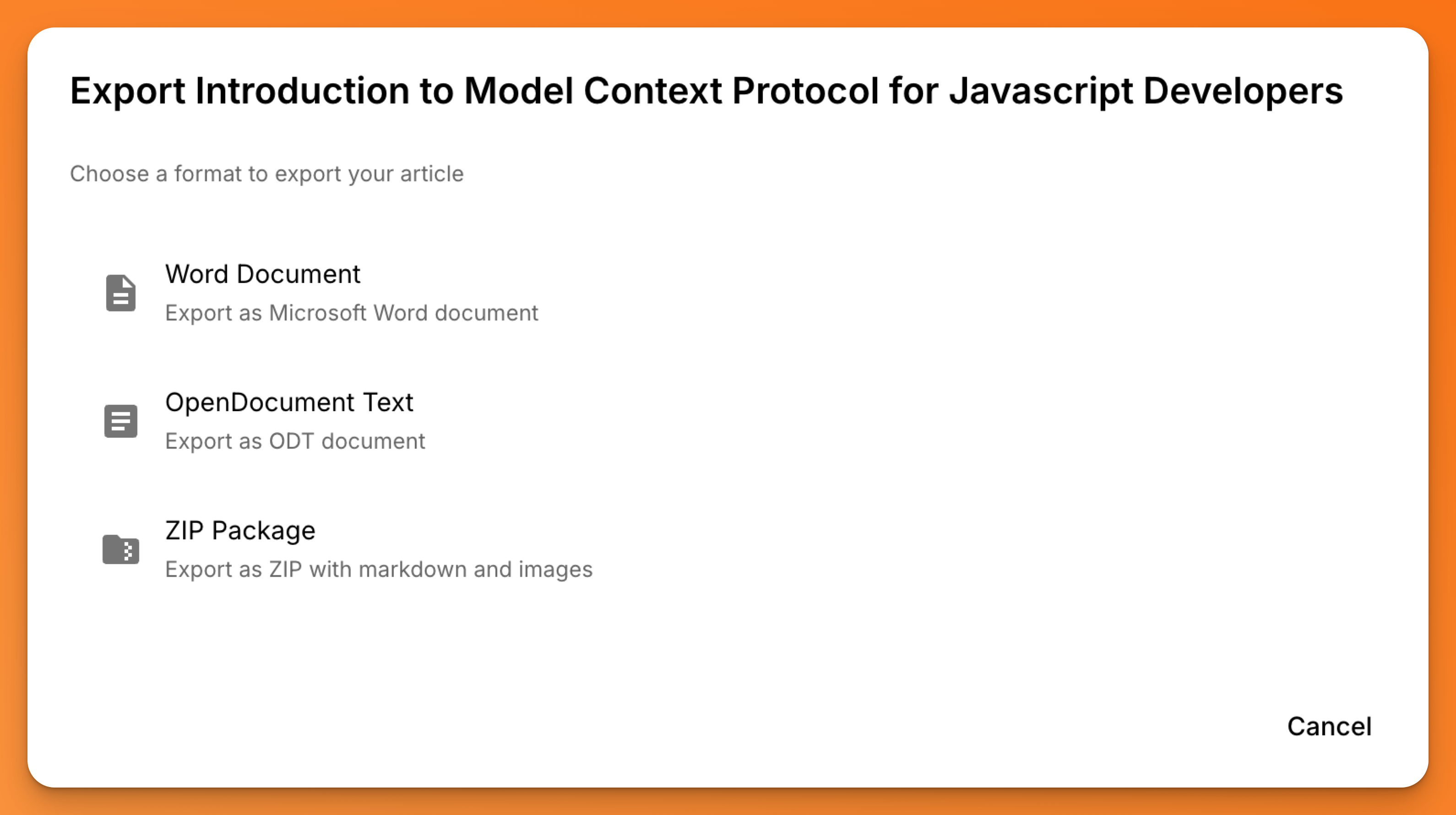 Export to DOCX, ODT, or ZIP